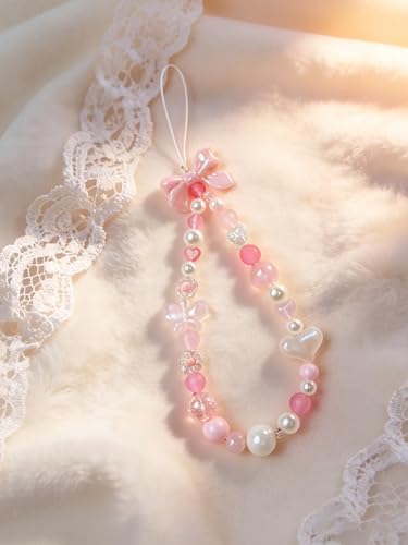 2 Pcs Phone Charm Strap Hand for iPhone Wrist Strap Camera Lanyard Pearl Beaded Cute Chain String Accessories Universal for iPhone 17 Pro Max 16 15 Samsung Women Girls Keychain Little Flower and Blue - Image 3