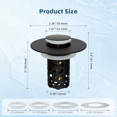 Universal Metal Bathroom Sink Stopper with Hair Catcher Strainer, Black - Image 6