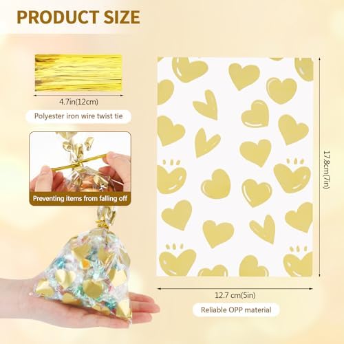 COQOFA 100 Pcs 5x7 IN Gold Heart Cello Cellophane Gift Bags for Baby Shower, Valentine, Wedding, Birthday with Twist Ties - Image 2