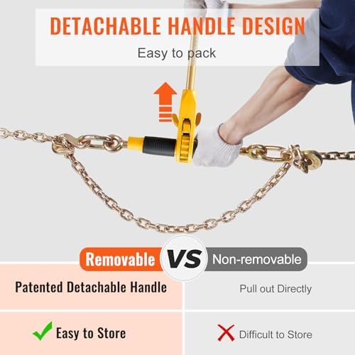 VEVOR 3/8"-1/2" Ratchet Chain Binder with Chain, G80 12000 lbs Secure Limit, Heavy Duty Load, Labor-Saving Anti-Skid Handle, Tie Down Hauling Chain Binders for Flatbed Truck Trailer, 2 Set & Yellow - Image 6