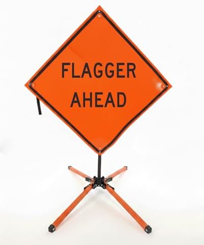 Traffic Roll-Up Sign Kit with Stand – Collapsible Safety Sign & Heavy-Duty Portable Stand, High Visibility, Easy Setup (Flagger Ahead, Non-reflective) by EASTERNMETALSIGNSANDSAFETY