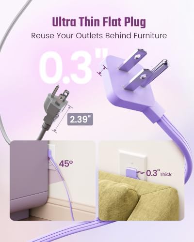 SUPERDANNY Purple Extension Cord 10Ft Flat Plug Power Strip Surge Protector - Image 4
