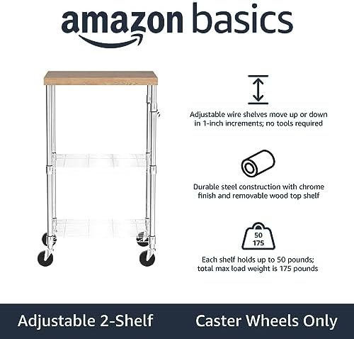 Amazon Basics Portable Kitchen 3-Tier Storage Rack on Caster Wheels with Adjustable 2 Shelves, 175 Pound Capacity, 21 x 15 x 36.7 inches (LxWxH), Wood/Chrome - Image 2