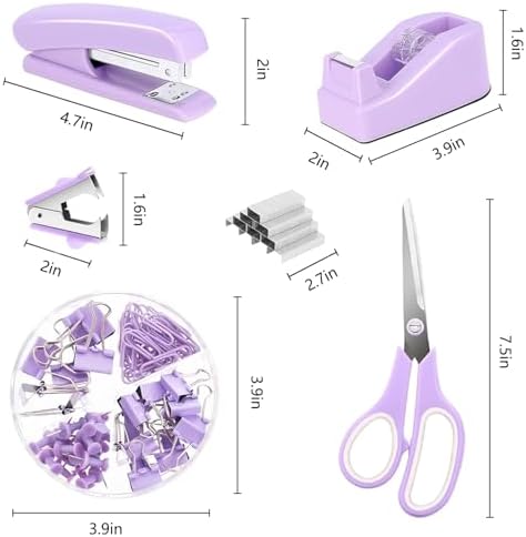 Office Supplies,Purple Desk Accessories,Desk Organizer,Phone Stand,Scissors,Stapler,Tape Dispenser,Binder clips,Staples,staple remover,Sticky Notes,Index Tabs,Clear Tape,Mini Box Cutter,Cool Pen.16pcs - Image 7