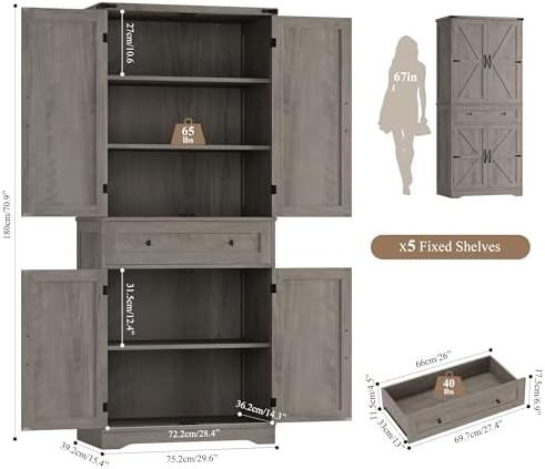 HOSTACK Kitchen Pantry Storage Cabinet, Farmhouse Pantry Cabinet, Ash Gray - Image 3