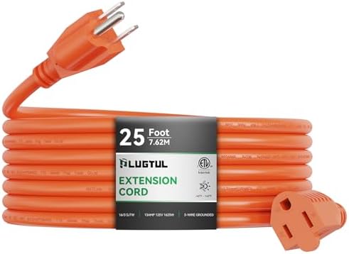 Outdoor Extension Cord 25 FT | 16/3 Gauge Heavy Duty 3 Prong Extension Cord, 13A 1625W SJTW, ETL Listed, Great for Garden and Home, Orange by PLUGTUL