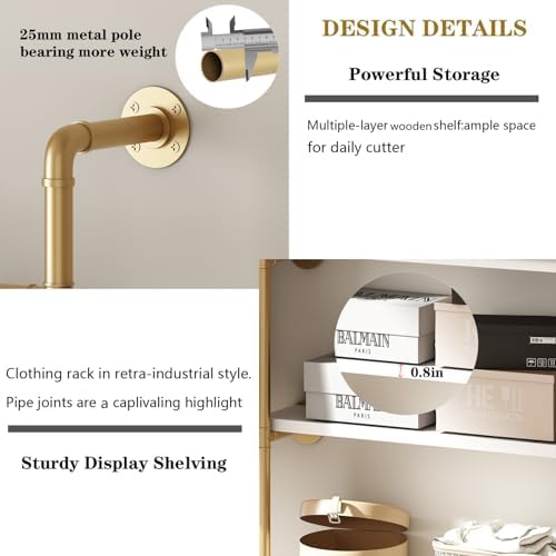 Industrial Pipe Clothing Rack, Gold Clothing Rack with Shelves, Wall Mounted Clothes Rack Heavy Duty Closet Organizers Wardrobe Multi-Purpose Storage Clothes Hanging Shelf- 94.5''L Gold - Image 4
