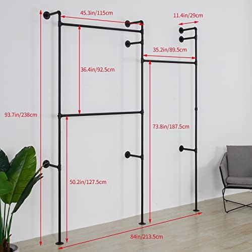 Wall Mounted Industrial Pipe Clothing Rack Garment Racks Pipeline Vintage Rolling Rack On Wall, Heavy Duty Rustic Gold Metal Garment Frame for Bedroom, Living room (Black) - Image 5