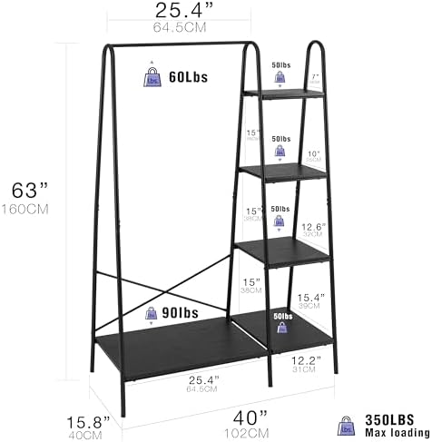 Finnhomy Rustic Clothes Rack, Clothing Rack for Hanging Clothes Heavy Duty Garment Rack with 5 Wood Shelves Freestanding Portable Closet Organizer for Bedroom/Entryway/Boutiques，Matte Black - Image 3