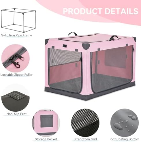 PETSFIT 30" Soft Portable Dog Crate – Patented Spiral Sturdy Frame, Collapsible Travel Kennel for Medium Dogs, 3 Mesh Door, Lockable Zippers, Indoor & Car Use Pink - Image 5