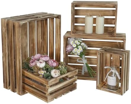 Set of 5 Large Wooden Crates, Nesting Storage Crate with Handles, Rustic Torched Brown Farmhouse Wooden Crates for Display, Wedding Birthday Home Party Living Room Kitchen Decoration by JUMBOHUMBLE