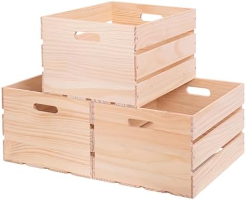 3 Pieces Large Pine Wood Crates For Storage, Unfinished Natural Wooden Crate, Holds Up to 50 Pounds by woodenwinerack