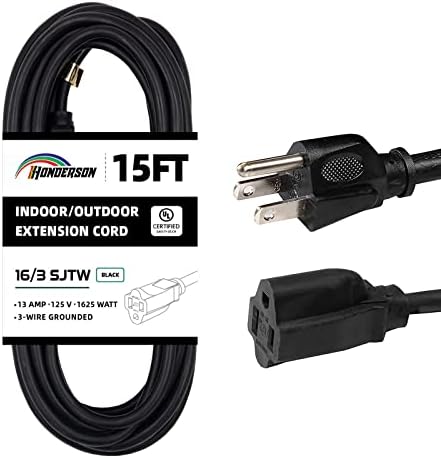 15FT Outdoor Extension Cord-16/3 SJTW Durable Black Extension Cable with 3 Prong Grounded Plug for Safety,Great for Outside Christmas Decorations by HONDERSON