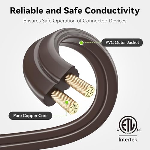 BN-LINK 6ft Indoor Extension Cord, 2 Pack, 3-Outlet Polarized Flat Cable, Household Power Cord for Home, Office, and Holiday Decorations, Brown - Image 5