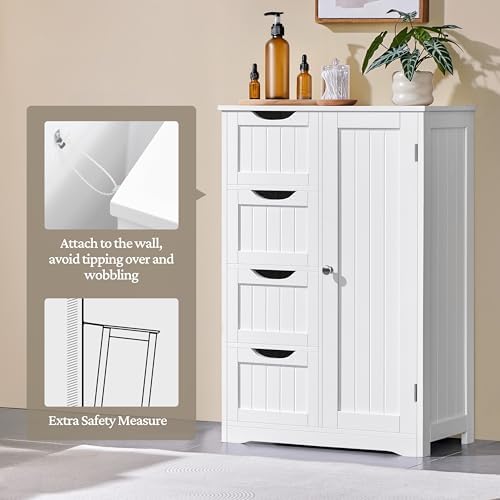 Yaheetech Small Bathroom Storage Cabinet with 4 Drawers & Door, White - Image 4