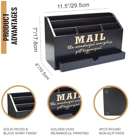 EXQUIDECA Wooden Black Rustic Countertop Mail Storage Holder with Drawer and Compartments - Office Desk Accessories and Workspace Organizers - Desktop Sorter for Pen Stationery Letter Files Documents - Image 2