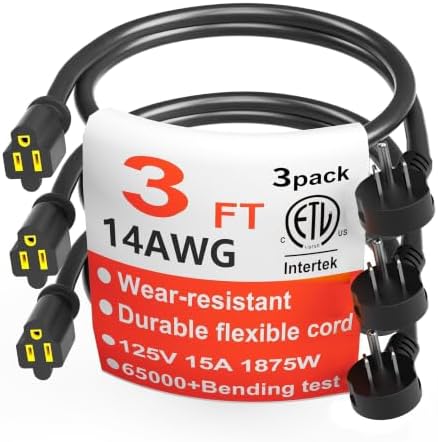 HUANCHAIN 14 Gauge 3 FT 3 Pack Black Flat Plug Extension Cord, Indoor by huanchain