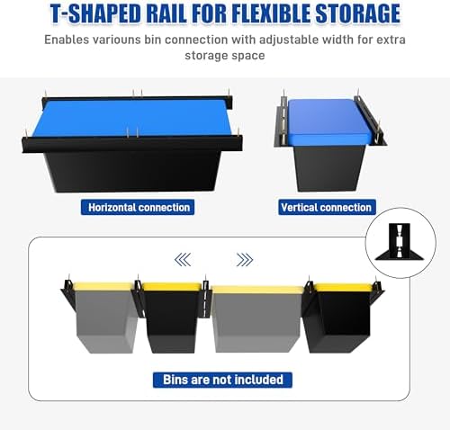 7 Pack Overhead Garage Storage Rack, Heavy Duty Ceiling Storage Rack for 6 Bins, Adjustable Metal Ceiling Bin Storage System T-Rail Tote Organizer with Hardware for Garage Workshop Shed - Image 4