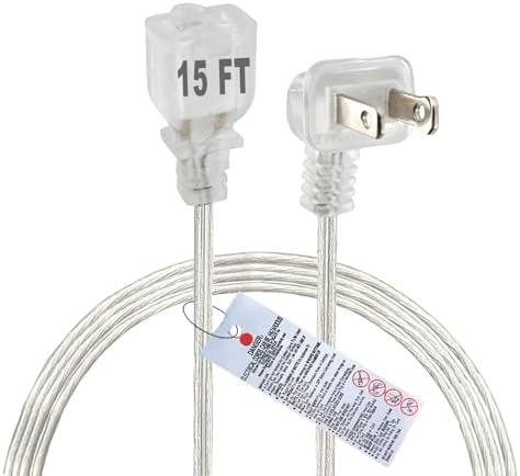 Clear Extension Cord 15 FT, Indoo/Outdoor 2 Prong Extension Cord with Flat Plug, Invisible Slim Extension Cable for Christmas Lights, Lamps & Holiday Lighting (18AWG, 10A/125V) by Yeatel