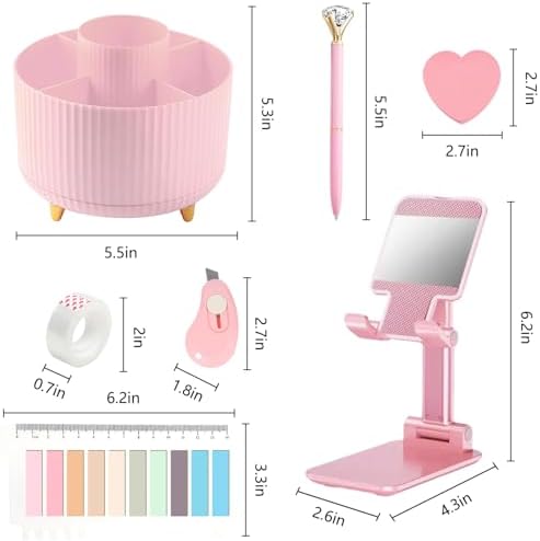 Pink Office Supplies,Desk Accessories,Desk Organizer,Phone Stand,Scissors,Stapler,Tape Dispenser,Binder clips,Staples,staple remover,Sticky Notes,Index Tabs,Clear Tape,Mini Box Cutter,Cool Pen 16pcs - Image 5