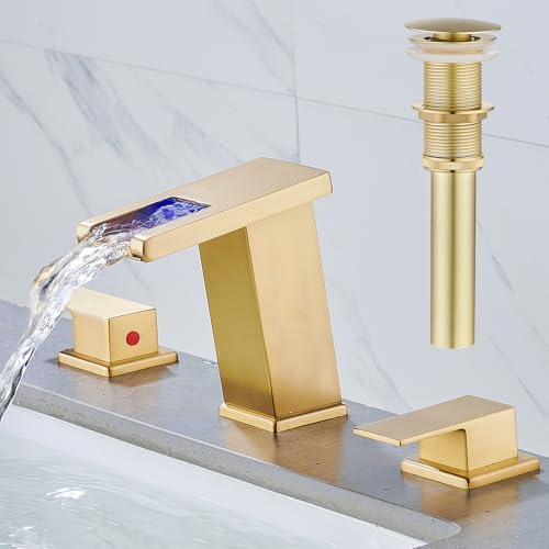 AVSIILE LED Bathroom Faucet 3 Hole, Brushed Gold Waterfall Bathroom Faucets by AVSIILE