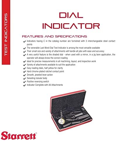 Starrett 711 Last Word Dial Test Indicator with All Attachments and Case - White Half Shaded Face, 0.7mm Range, 0-35-0 Dial Reading, .01mm Graduations - 711MGCSZ - Image 2