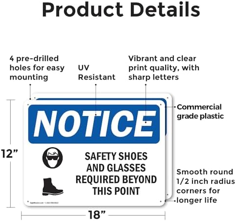 (2 Pack) Safety Shoes And Glasses Required OSHA Notice Sign 18 Inch X 12 Inch Plastic Sign, Weather Resistant, UV Protected for Workplace, Business, and Construction Site, Made in the USA - Image 2