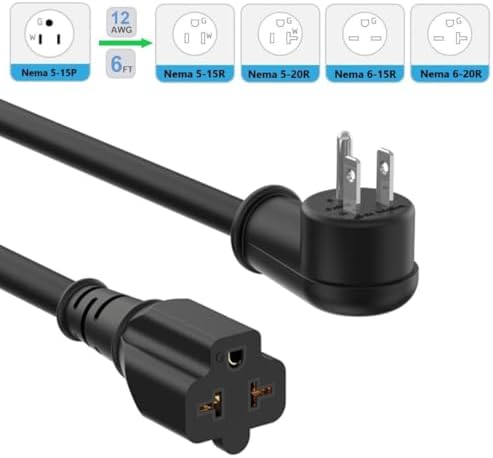 6FT 12AWG Heavy Duty Right-Angle 15Amp to 20Amp Extension Cord 90-Degree - Image 2
