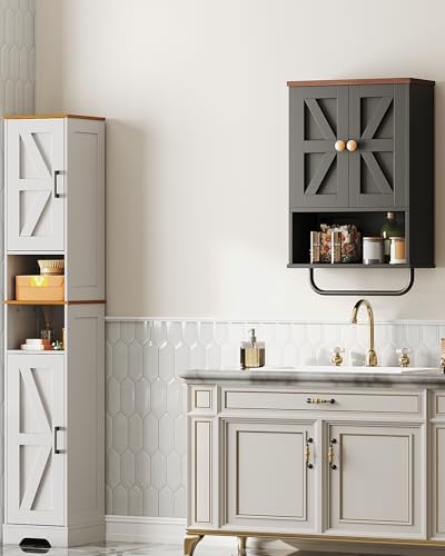 CHOEZON Bathroom Wall Cabinet, Medicine Cabinet with Open Partition and Towel Bar, Rustic Storage Cabinet with Open and Hidden Storage Space, for Bathroom, Living Room, Kitchen, Black and Walnut - Image 5