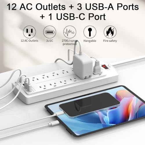 Surge Protector Power Strip, Nuetsa 6Ft Flat Plug Extension Cord with12 Outlets and 4 USB Ports for Home, Office, Dorm Essentials, 2700 Joules, ETL Listed, White - Image 2