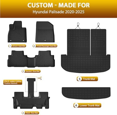 Powerty Floor Mats for 2020-2024 2025 Hyundai Palisade 7/8 Seat Car Mats, All Weather 3D TPE Anti-Slip Trunk Cargo Liner Seat Back Covers Protectors Full Set Car Accessories - Image 5