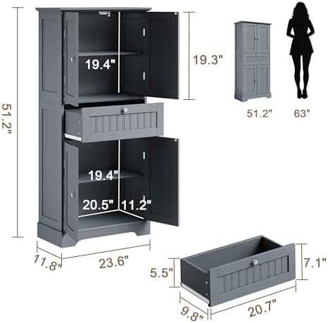 ChooChoo 51" H Bathroom Floor Cabinet with Drawer and Adjustable Shelves - Image 3