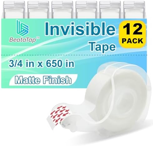 Tape Bulk, Clear Tape, Invisible, Matte Finish, Writable, 3/4 in x 650 in, Transparent Tape, 12 Rolls with Dispensers, Ideal for Gift Wrapping, School Supplies & Office Use by Unknown