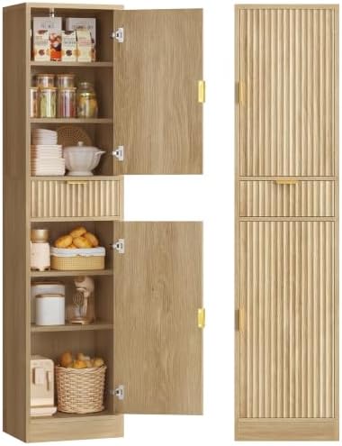 TEENFON 66.9″ Storage Cabinet with 1 Drawer and 2 Doors, Tall Bathroom Storage Cabinet with Adjustable Shelves, Rattan Fluted Cabinet for Bathroom, Living Room, Kitchen, Natural Oak by TEENFON