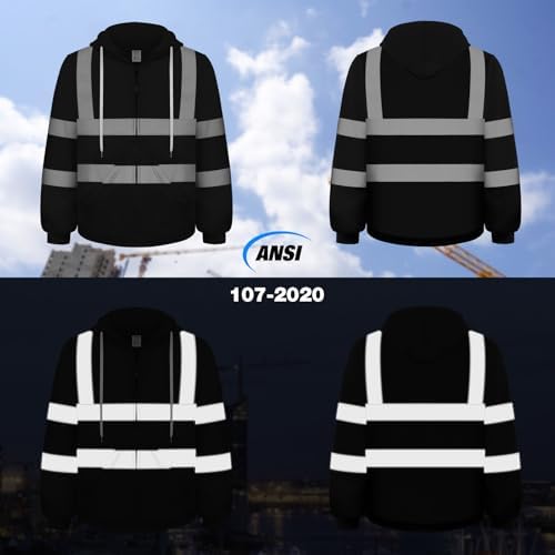 TCCFCCT Safety Jackets for Men Reflective Safety Work Hoodies with Zipper, Class 3 High Visibility Hoodie for Men Women, Hi Vis Hoodies for Surveyors, Dirt-resistant Part, Black L - Image 2