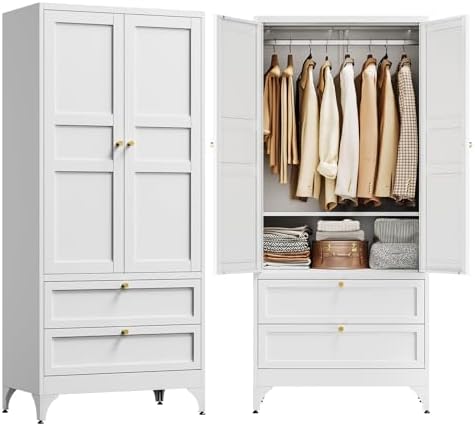 Letaya 71" Metal Wardrobe Cabinets with 2 Drawers,Steel Armoire Wardrobe Closet with Doors and Shelves,Clothing Storage Cabinets with Hanging Rod for Bedroom, Gym, Cloak Room,White by LetayaMetalCabinets