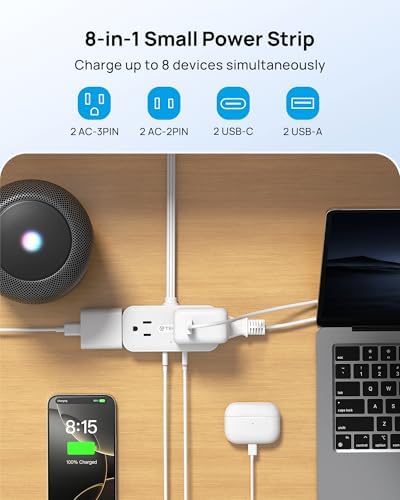 TROND Flat Plug Power Strip, Small Extension Cord 10ft, 4 AC & 4 USB, White - Image 2