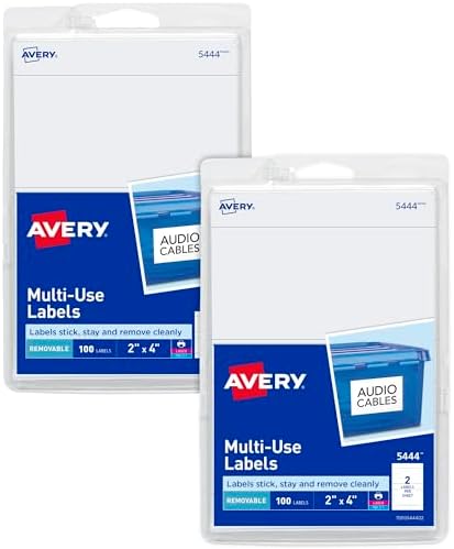 Avery® Printable All-Purpose Removable Labels, 2" x 4", Customizable Blank White Labels, Write or Print, Great for Organization Projects, 2 Packs, 200 Total (7827) by Avery
