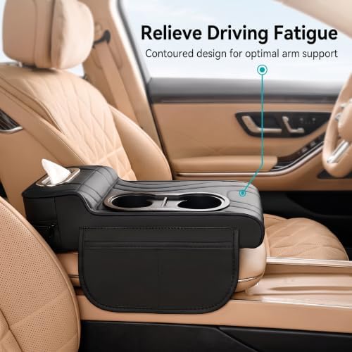 Car Armrest Cushion, Premium Center Console Organizer, Memory Foam Car Center Console Cover with Adjustable High & Low Cup Holders, Tissue Box & Storage Pockets, Fit for Most Cars (Black) - Image 5