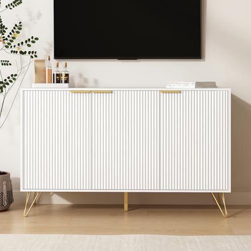 Storage Cabinet with 3 Fluted Doors and Adjustable Shelves, White丨Modern Wood Accent Table, Sideboard Buffet Cabinet, Console Table for Living Room, Hallway, Entryway - Image 3