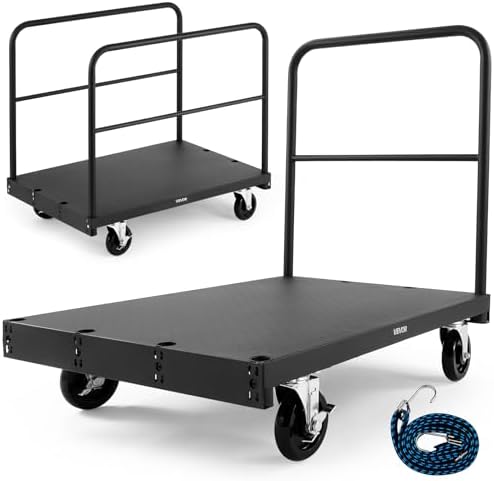VEVOR Drywall Cart Dolly, 1800 lbs Load Capacity, 2-in-1 Steel Panel Truck Cart with 5 inch Swivel Casters, 36 x 24 inch Platform Truck with 3 Side Handrails for Factory, Warehouse, Garage, Black by VEVOR
