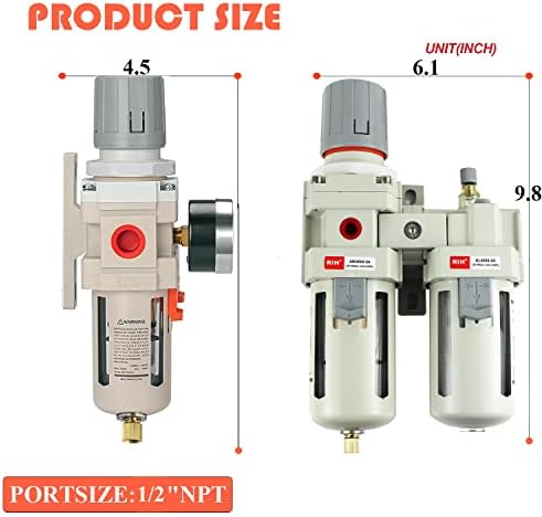 RIH Pneumatics 1/2" NPT Compressed Air Filter Regulator Lubricator Combo Water/Oil Trap Separator - Gauge(0-150 psi), Semi-Auto Drain, Poly Bowl,Bracket - 3 in 1 Two Unit (1/2" NPT) - Image 2