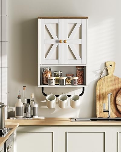 CHOEZON Bathroom Wall Cabinet, Medicine Cabinet with Open Partition and Towel Bar, Rustic Storage Cabinet with Open and Hidden Storage Space, for Bathroom, Living Room, Kitchen, White and Walnut - Image 5