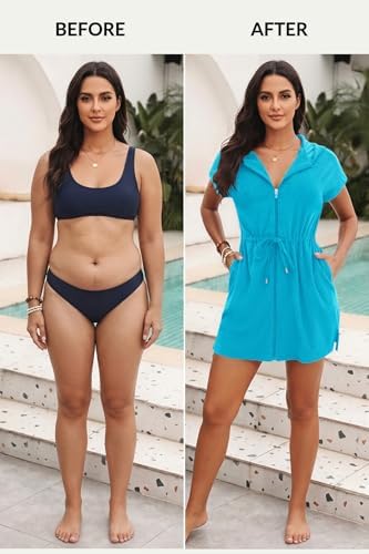 Womens Terry Cloth Cover Up Hooded Swim Cover with Zipper and Pocket - Image 5