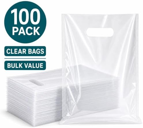 ysmile Plastic Shopping Bag with Handle for Store Retail Boutique Merchandise Die Cut Poly Goodie 100 ct 11.8"x15.8" 2.5 Mil - Clear - Image 5