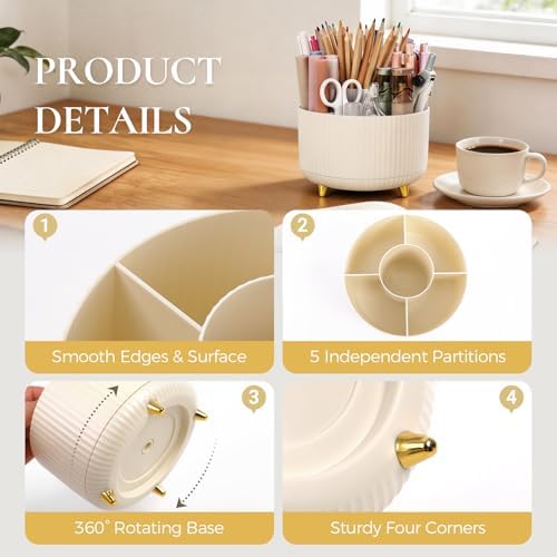 KONVINIT Pencil Pen Holder for Desk, 5 Slots 360 - Degree Rotating Desktop Organizer, Cute Desk Organizers and Accessories for School, Home, Office and Art Supply, Beige - Image 4