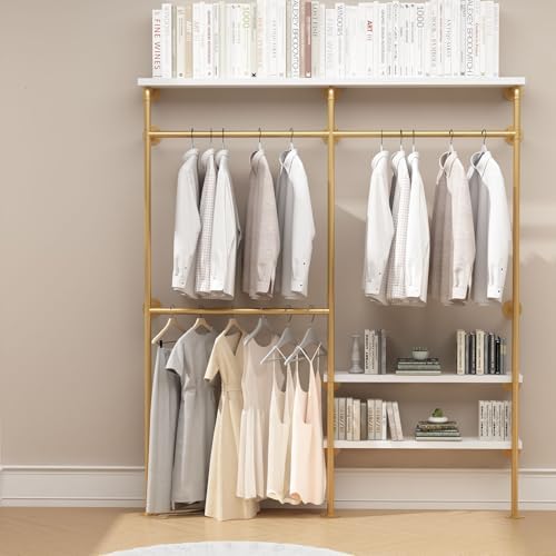 HOMEKAYT Industrial Pipe Clothes Rack with Shelves, Gold Clothing Rack Wall Mounted Heavy Duty Multi-Purpose Storage Clothes Hanging Shelf - 70.8''L Gold - Image 7