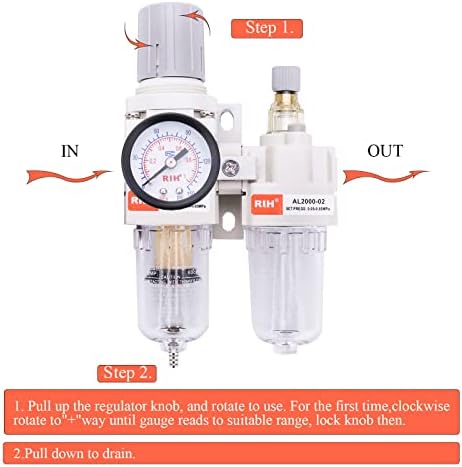 RIH 1/4" NPT Compressed Air Filter Regulator Lubricator Combo Water/Oil Trap Separator - Gauge(0-150 psi), Semi-Auto Drain, Poly Bowl,Bracket - 3 in 1 Two Unit (1/4" NPT) - Image 5