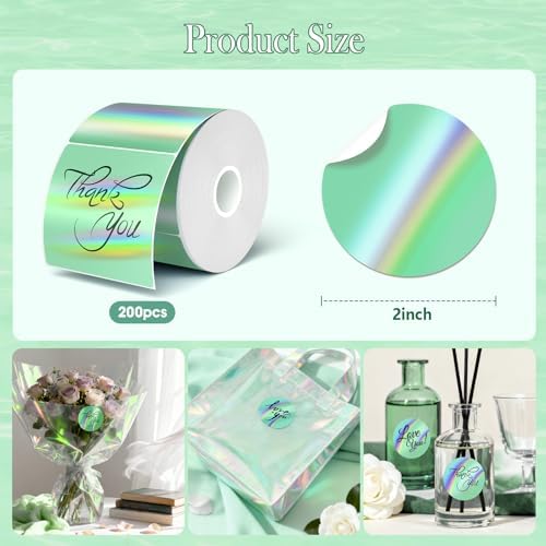 2 Inch Holographic Thermal Sticker Labels,Rainbow Glitter Finish, Water-Proof & Tear-Resistant Label, No Residue Removable Label for Price/Name Tag, Logo Design,Light Green, (200Labels/Roll) - Image 2