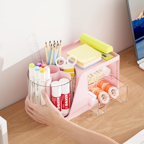 Marbrasse Desk Organizer with 2 Drawer, 360°Rotating Pen Holder, Desk Organizers and Accessories with 6 Slots Pencil Organizer + 2 Drawer, Art Supply Storage Box Caddy for Office (Pink) - Image 6